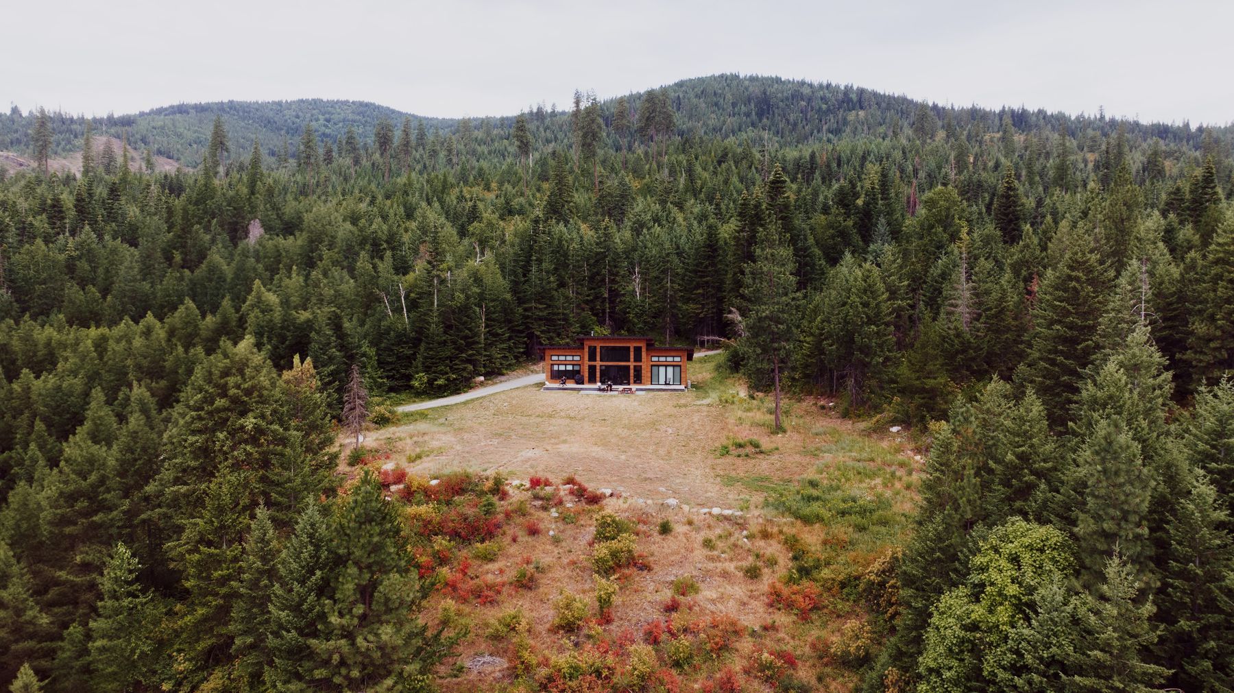 Aerial view of a mountain property surrounded by evergreen forest